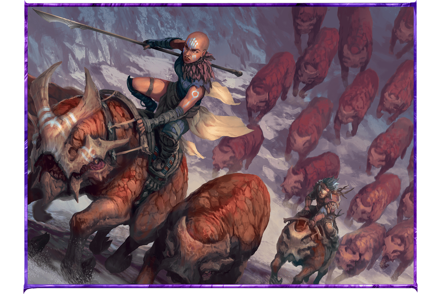 Two adventurers ride a heard of strange beasts across a mountainous pass.