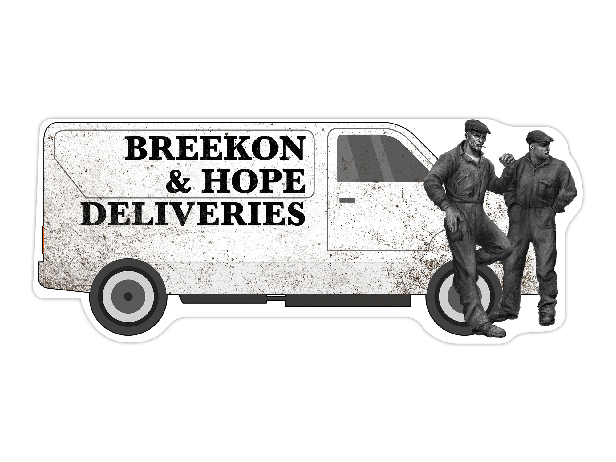 Mockup of a vinyl sticker showing to workmen standing by a dirty white van marked Breekon & Hope Deliveries.
