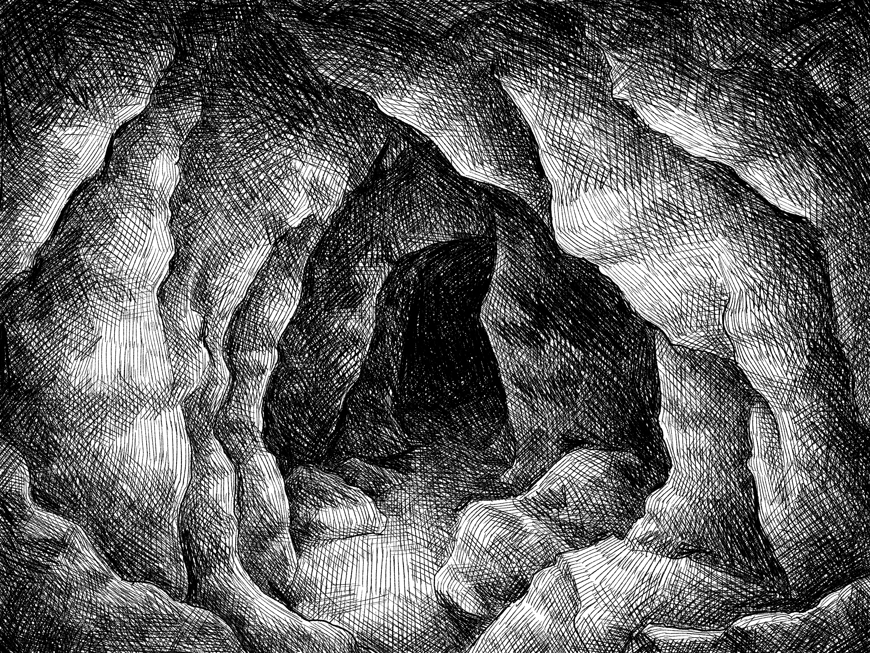  A black and white crosshatched illustration of a cave mouth 