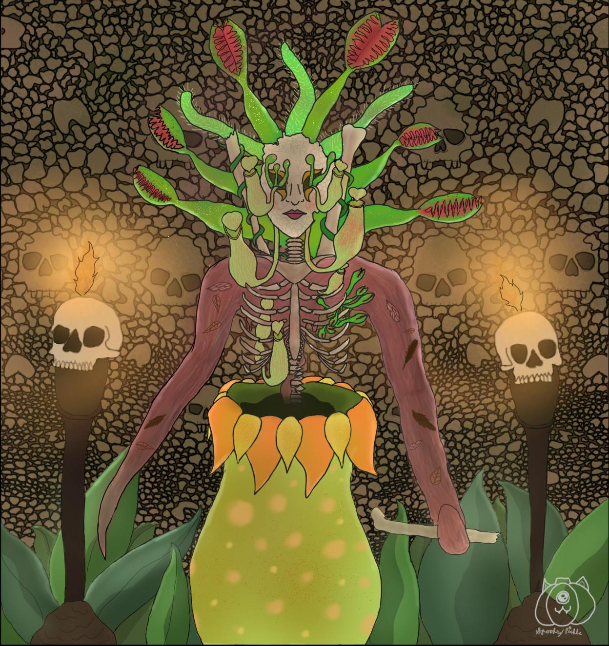  a digital artwork made in infinite paint. The subject is a Fae Trap. The Fae Trap has a large flower pod base as their lower half. It is light green with yellow spots. The petals surrounding the opening are yellow and orange. Out of the top opening springs the rest of the fae trap. They are made of a human spine and rib cage. Their arms are made of old, pinkish meat. Feathers and leaves are mixed into the arm from things previously digested. Various pitcher plants grow out of their body, as well as venus fly traps. Their head is made of a crumbling masquerade mask. Out of the eye sockets, more pitcher plants grow. Out of the back of their head are several venus fly traps and long, light green sundews. The fae trap stands before two torches. The torches have skulls on their tops. The background, overall, is a wall of bones and skulls. 