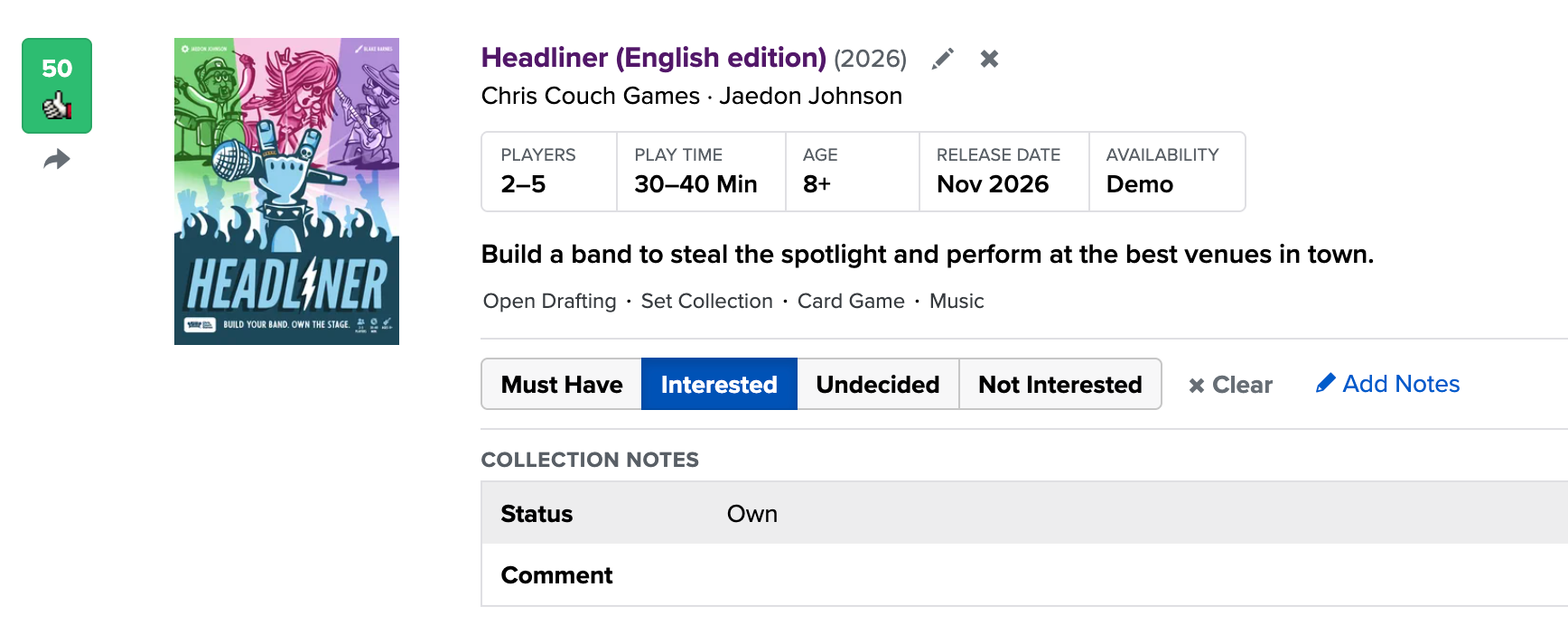 50 Likes on Headliner - BGG's Origins Preview