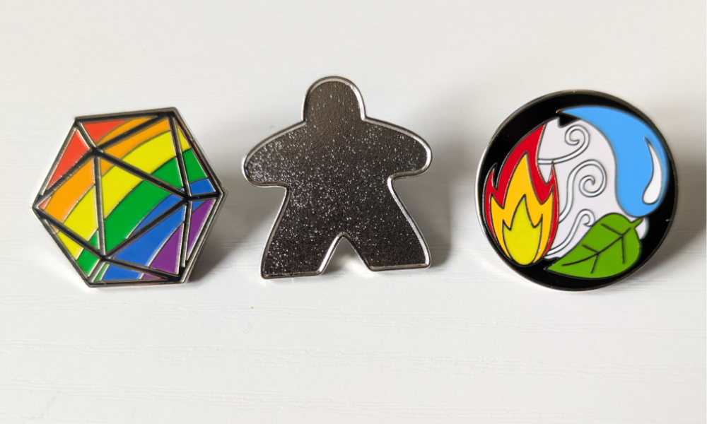  D20 rainbow pin, blank meeple pin, elemental pin