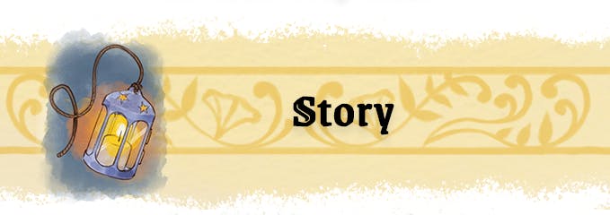 Graphic background is white. This image is a header for a subsection. A long golden strip with watercolor-like texture on the top and bottom forms the long rectactangular base. Overlaid is a slightly darker golden graphic with leafy curls like wrought iron. An illustration of a swinging candlelit lantern is positioned off to the far left of the banner. Near the middle is a line of black text which reads Story.
