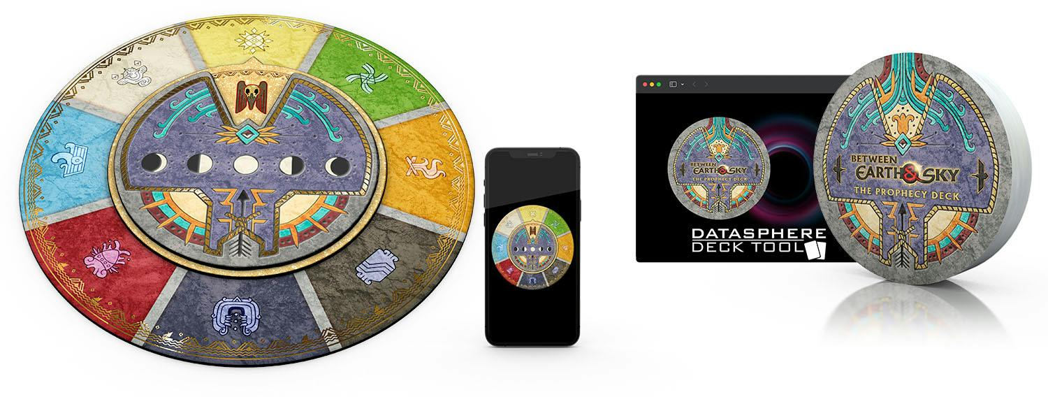 An illustration showing the Story Clock, plus the Prophecy Deck in physical form, and in digital form on the Datasphere Deck Tool.