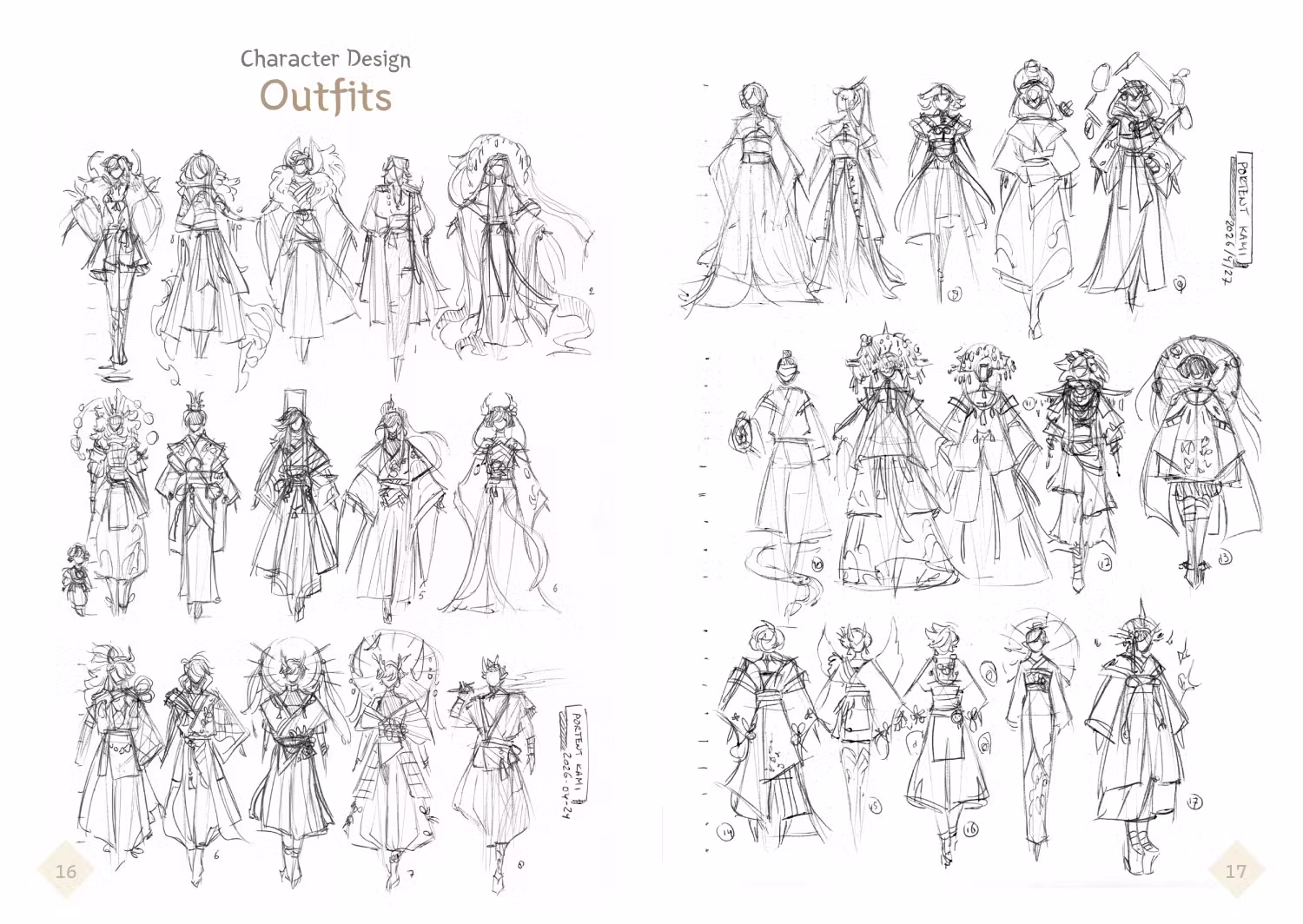 Preview of a spread page of the art book, showing a number of outfits for kami