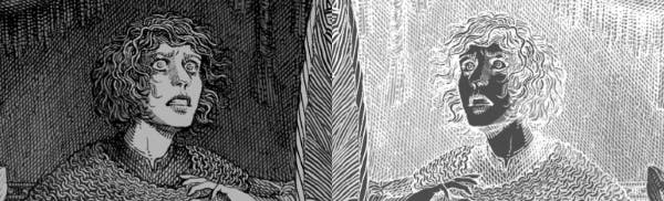  B&W illustration of Jirel looking into a mirror, horrified, that is itself mirrored and has the black and white inverted like a photo negative. 