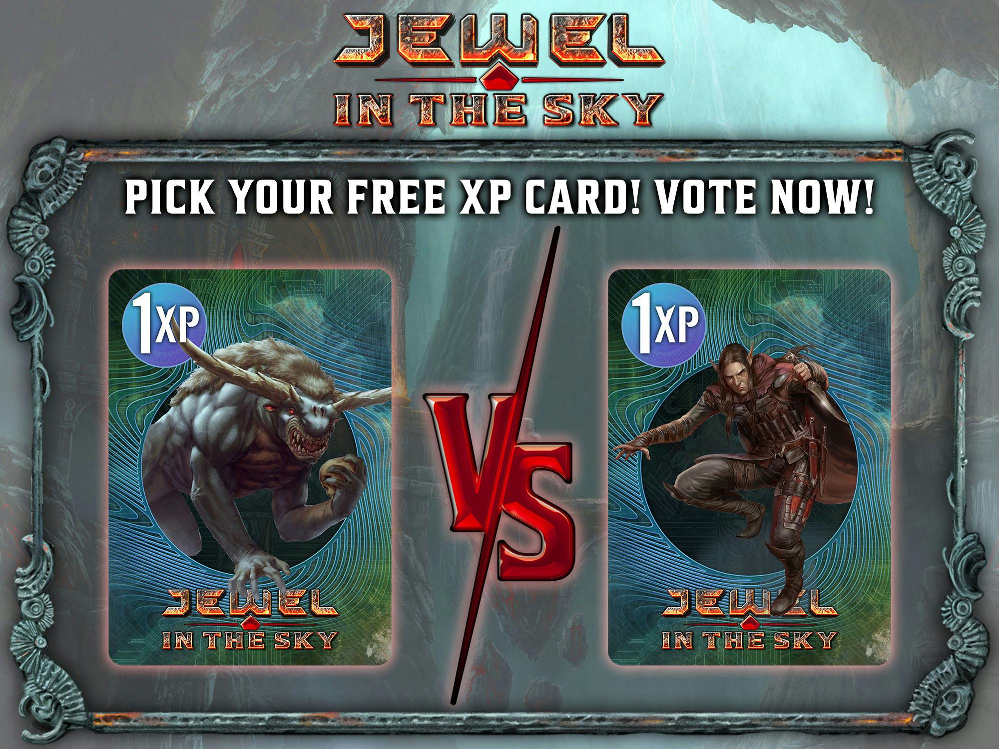 Image showing the Jewel in the Sky logo above two cards, with a "vs." between them and the text "Pick your free XP card! Vote now!" One card shows a fantasy elf assassin brandishing a long dagger, the other a monster with a bull-like head and horns, but human-like forelimbs ending in hands.