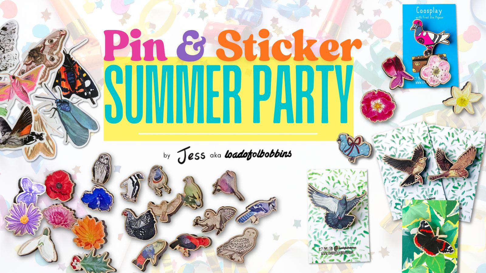 pin and sticker summer party by Jess aka loadofolbobbins, nature themed wooden pins, stickers and homewareshttps://www.backerkit.com/c/projects/loadofolbobbins/pin-and-sticker-summer-party/