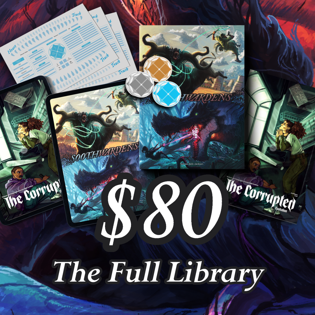 Tier description for The Full Library Tier over a dead monster background. Physical and digital book mockups for Soothwardens and The Corrupted: Evolution are centered with game tokens and character sheets layered on top. The tier text is underneath.