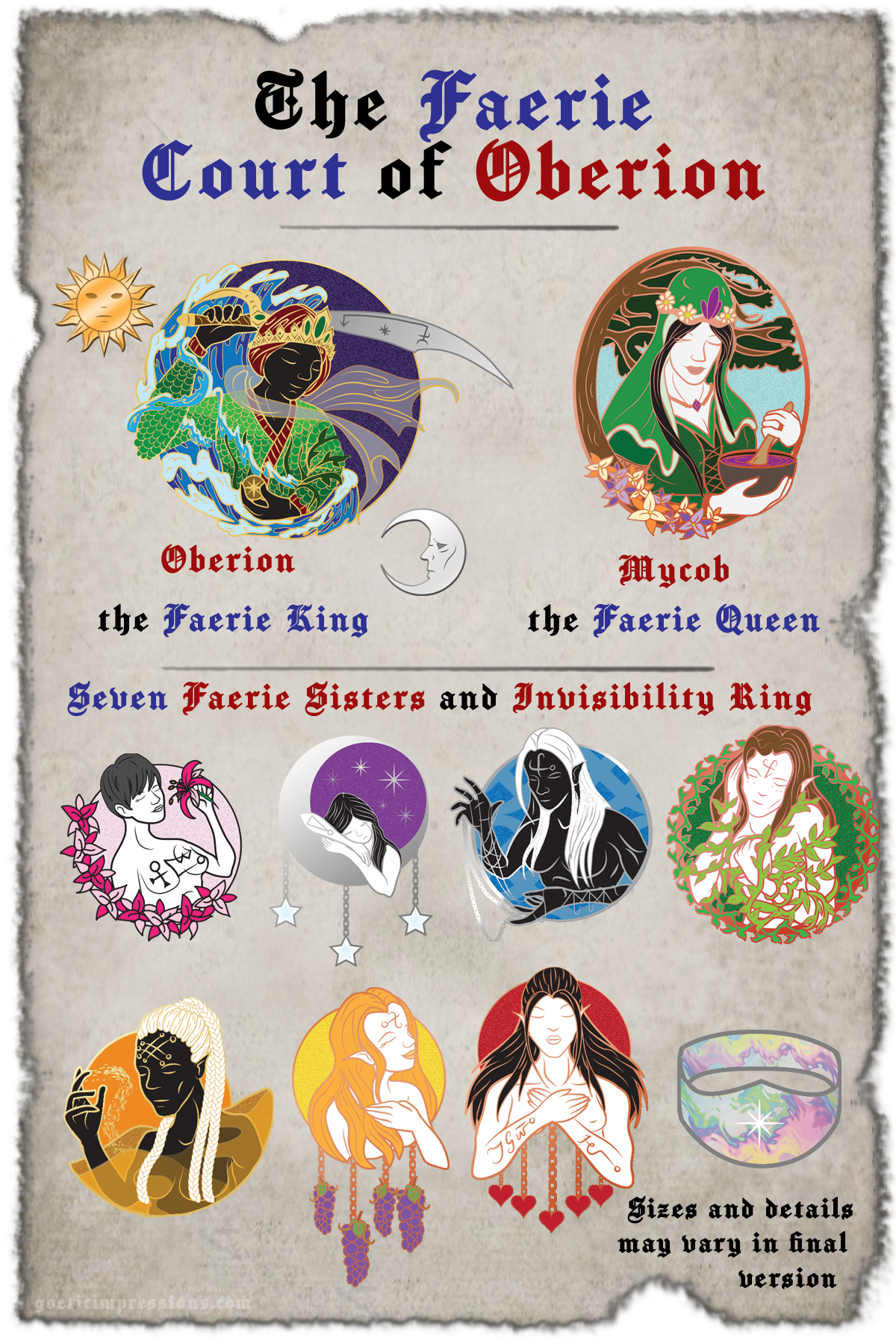  Collection of enamel pin designs featuring faeries from the Book of Oberion. Designs of Oberion, Mycob, Lillia, Restilla, Fata, Falla, Afria, Julya, Venalla, Invisibility ring, Sun and Moon enamel pins. 