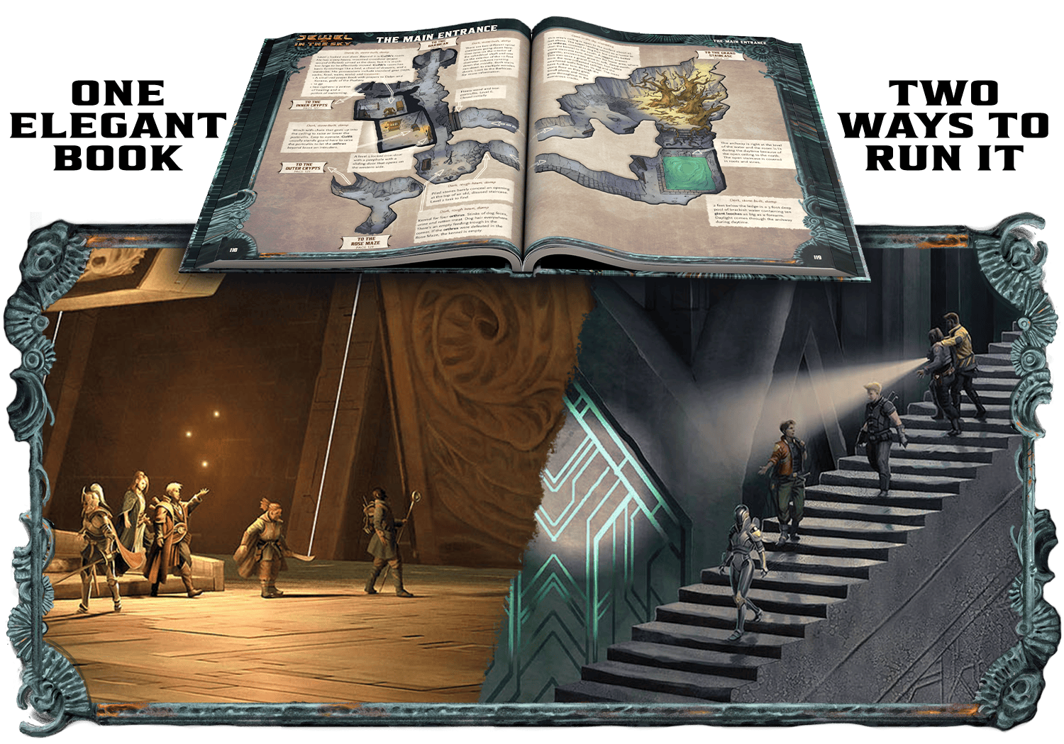 Graphic showing an open book, with the words One Elegant Book, Two Ways to Run It with two images--one a with a fantasy party exploring a dungeon, and another with a sci-fi party exploring a different dungeon area.