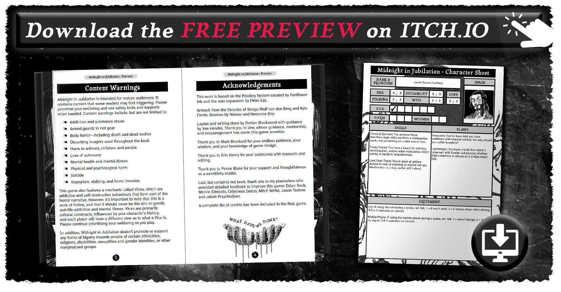 A banner that reads: "Download the free preview on Itch.io", followed by an image of a hand tapping on the banner with one finger. Beneath that heading are screenshots of a two-page spread and completed character sheet, with an icon indicating a file download.