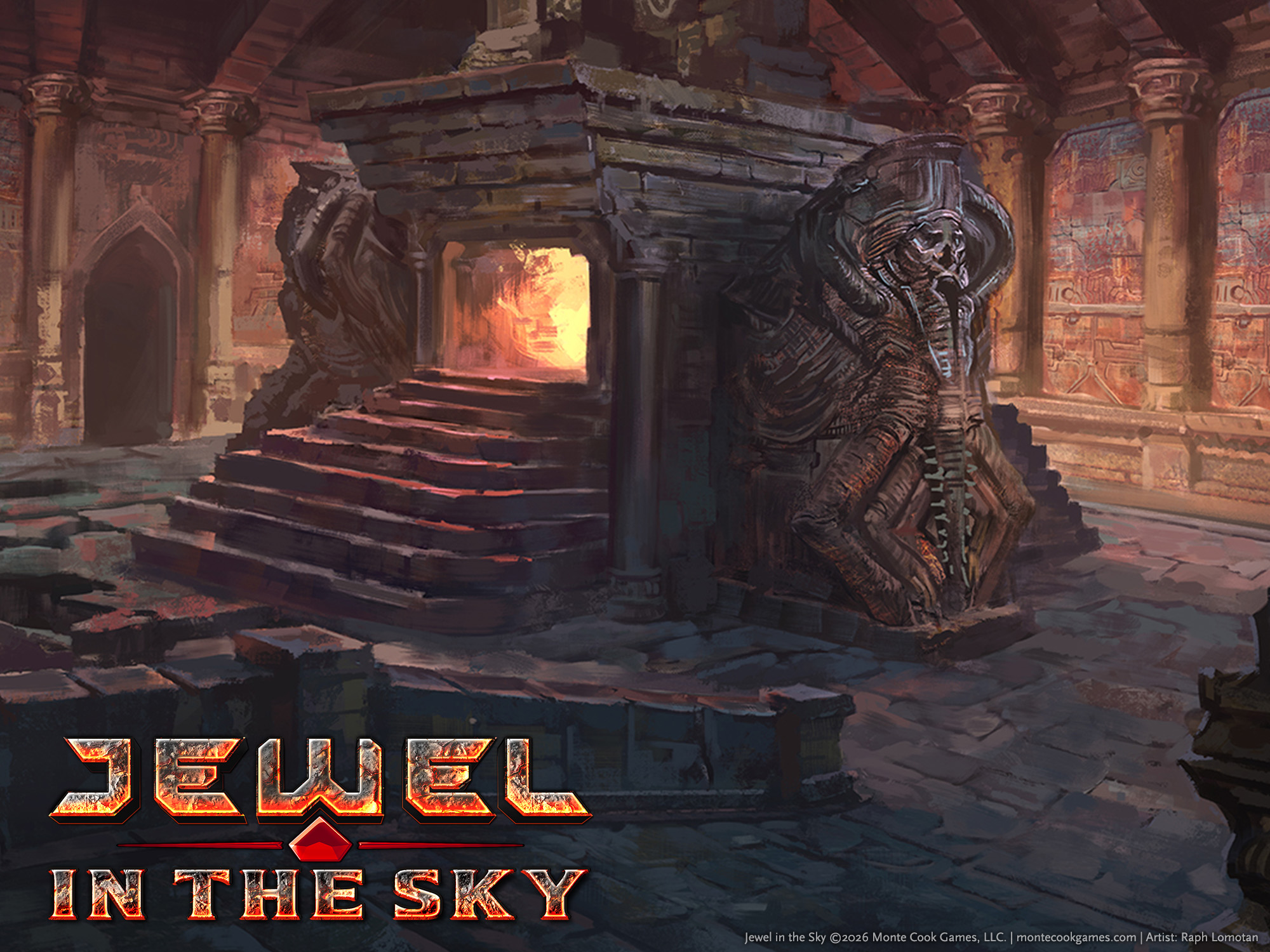 Illustration showing an underground chamber with a large plinth-like structure flanked by sphinx-like statues. An opening in the plinth glows like a furnace.