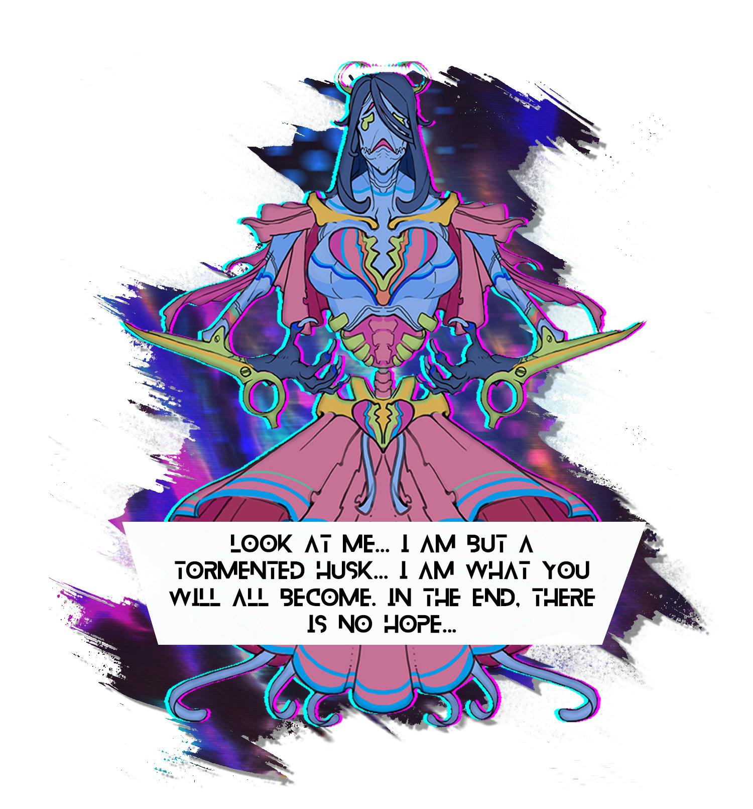 A monster in front of a neon background. It looks like a woman with a broken heart on her chest, wearing a school girl skirt. It appears sad, with a down turned mouth and teary eyes. Her arms are covered with a large scissor blade.