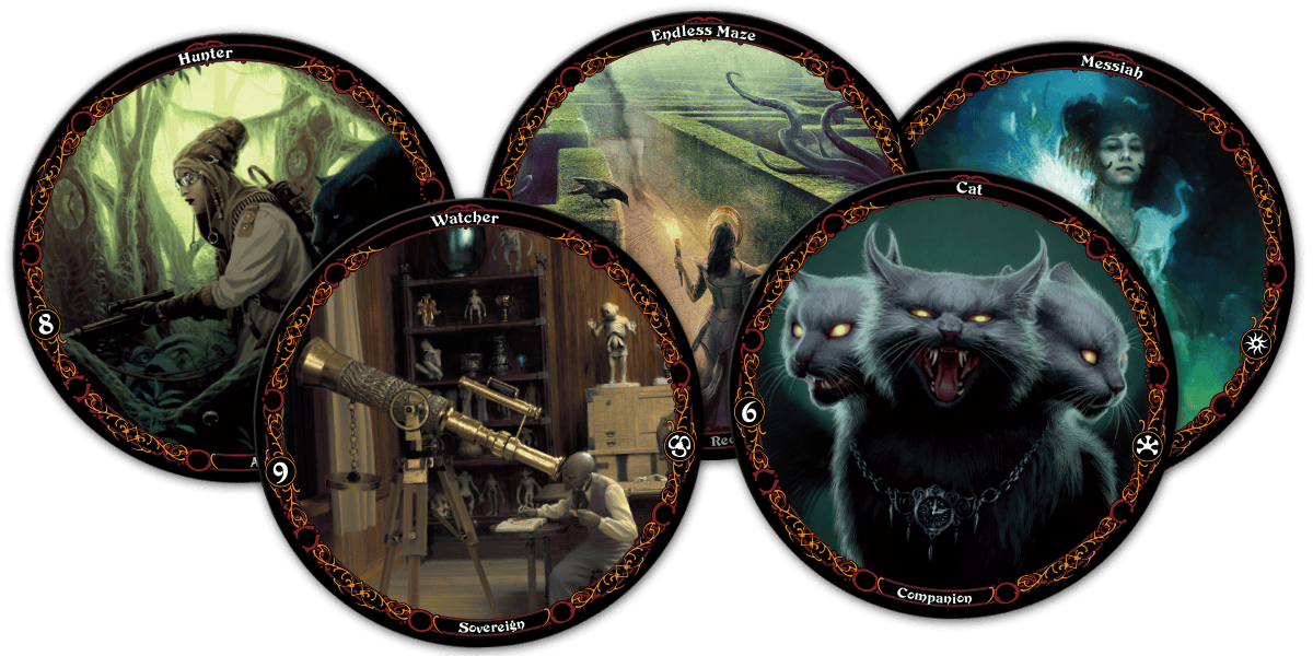 Five round cards from the Sooth Deck, each with numbers, symbols, and keywords surrounding a central image: Hunter, Endless Maze, Messiah, Watcher, and Cat.