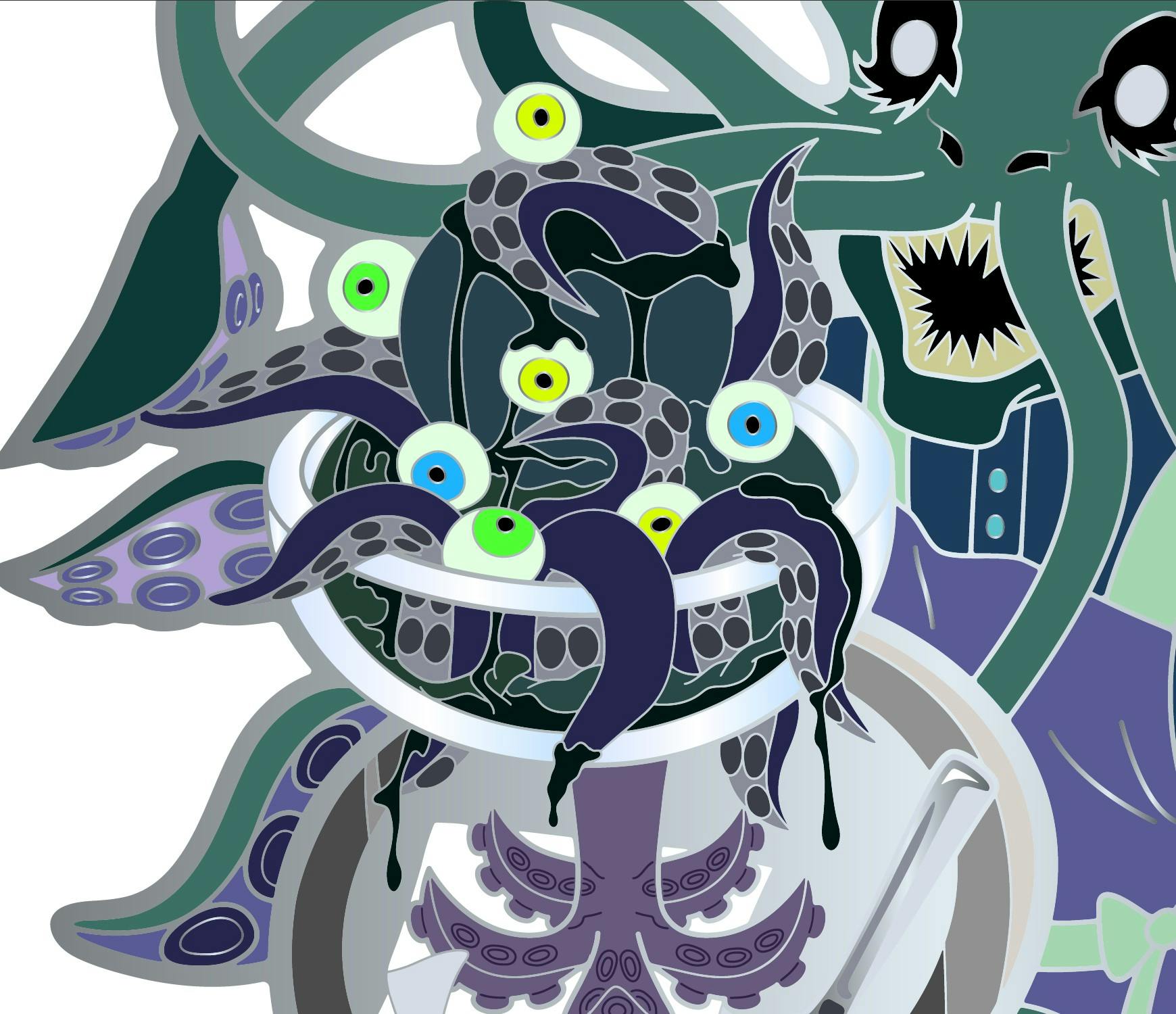 V1: Dark IceScream: Neon Eyes with Glow-in-the-Dark Scleras, Eggplant/Gray Tentacles, Black-Green Glitter Slime
