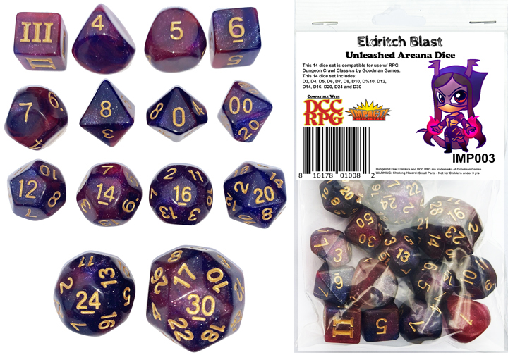 Eldritch Blast DCC 14 dice set plus DCC/5E monster PDF for Pew Pew Spirit
