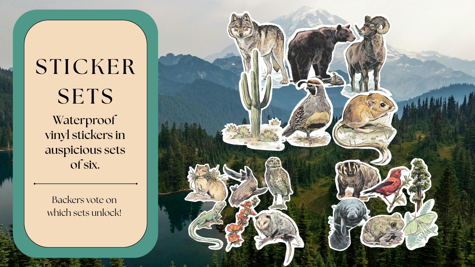 Sticker sets. Waterproof vinyl stickers in auspicious sets of six. Backers vote on which sets unlock