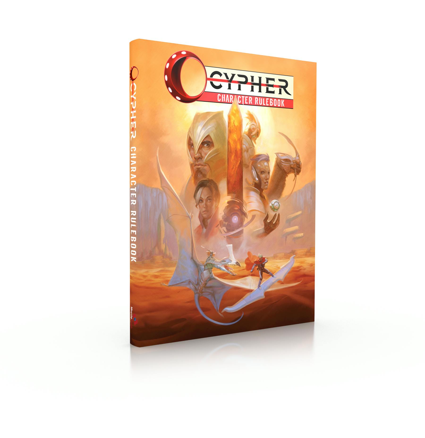 Mockup of the Cypher Character Rulebook in a dust jacket reminiscent of the original Numenera corebook, with an image of the Amber Monolith surrounded by a montage of fantasy characters and creatures.