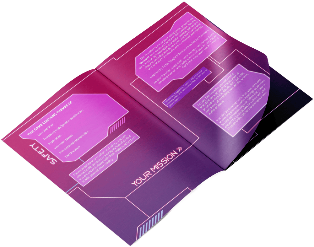  A mock up showing the internal layout of Universe At Your Door: The Traveller, this shows the first spread featuring the Safety information and Your Mission summary. It is layed out as a sci fi HUD on a pink purple gradient, you can see a glimpse of a darker page below it as one corner of the top page is raised to flip