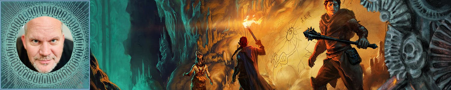 Image of Bear Weiter, with art of a group of adventurers exploring a strange cave.