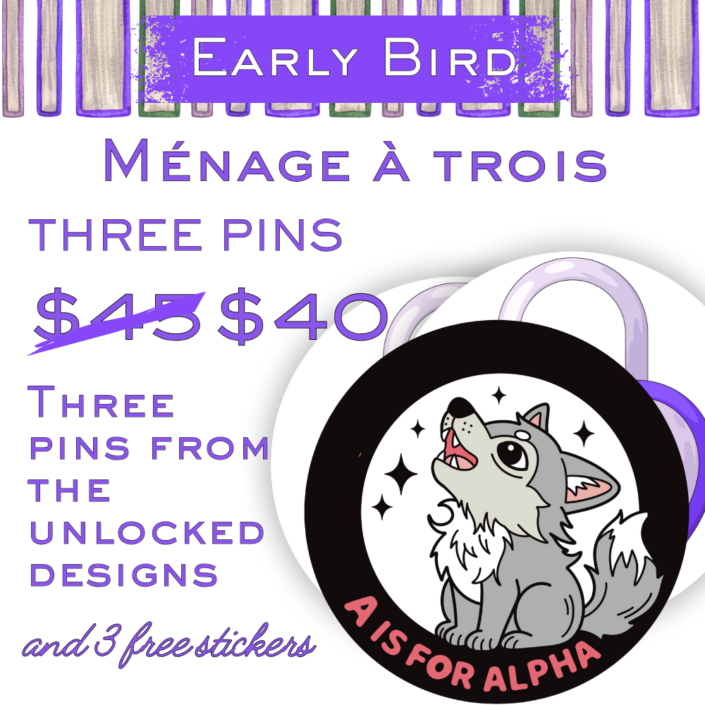 text graphic three pins from the unlocked designs and 3 free stickers