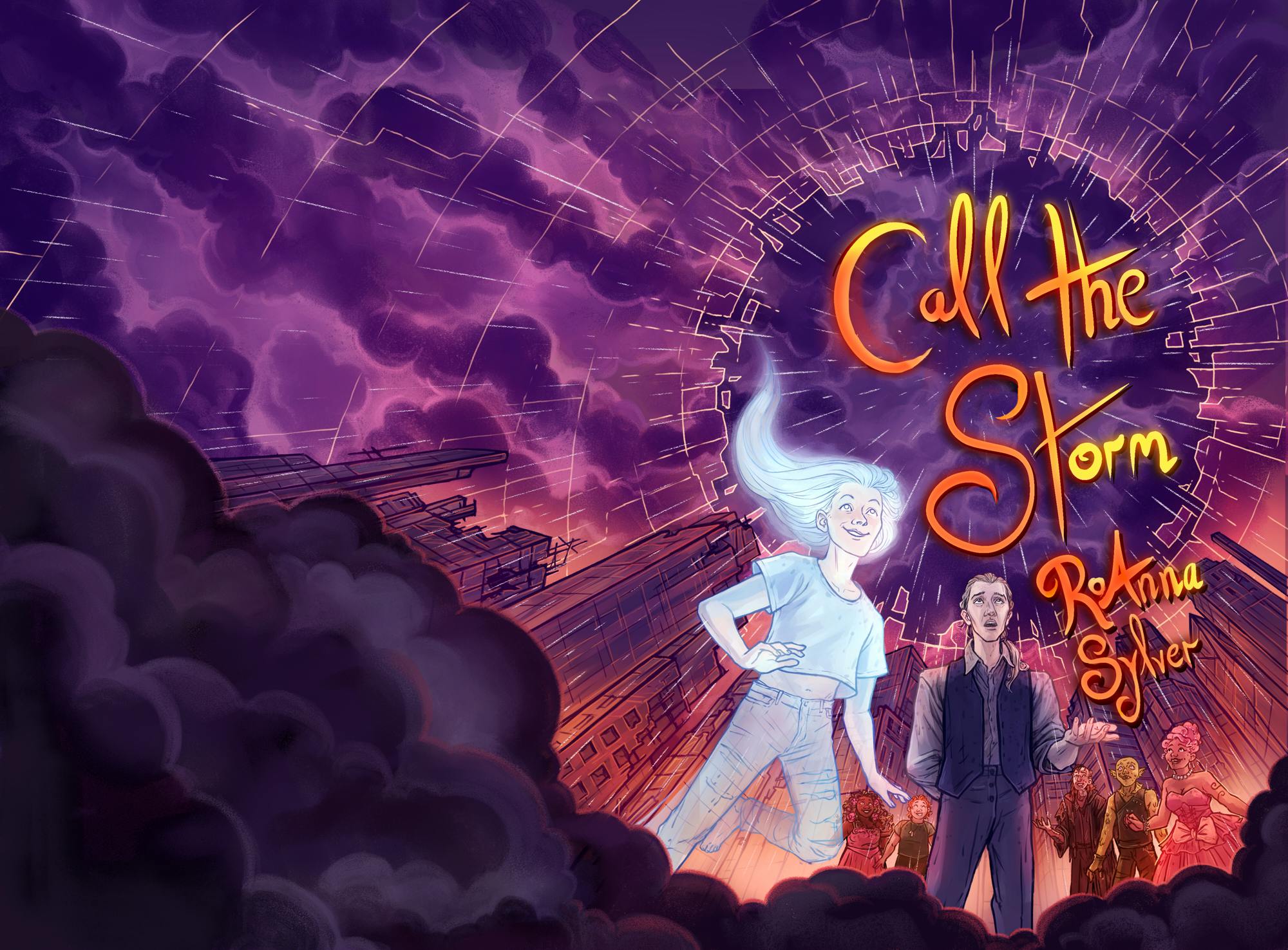 A very purple-and-orange painting of a city seen from the ground upwards, looking through a hole in the energy barrier with rain pouring through. A mischievous ghost in ripped jeans and cutoff shirt, and an uptight Victorian dandy looking man are front and center, the colorful CHAMELEON MOON cast behind them. The gorgeous full-spread cover by Hugo Award winning artist Laya Rose!