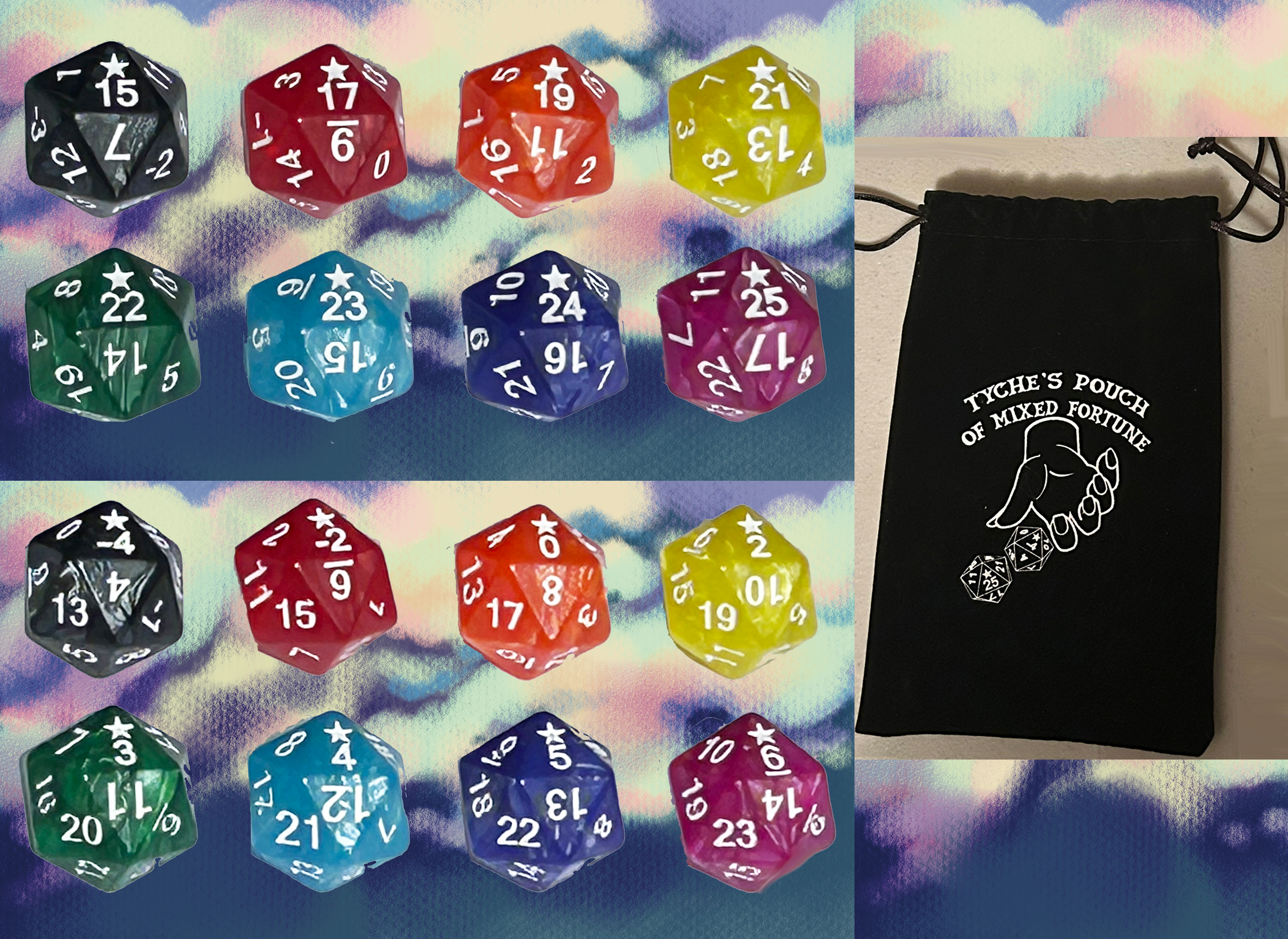 Tyche's Pouch Magic Item - Set of 8 Premodified D20s + 2 Whiterock 1 page PDF encounters