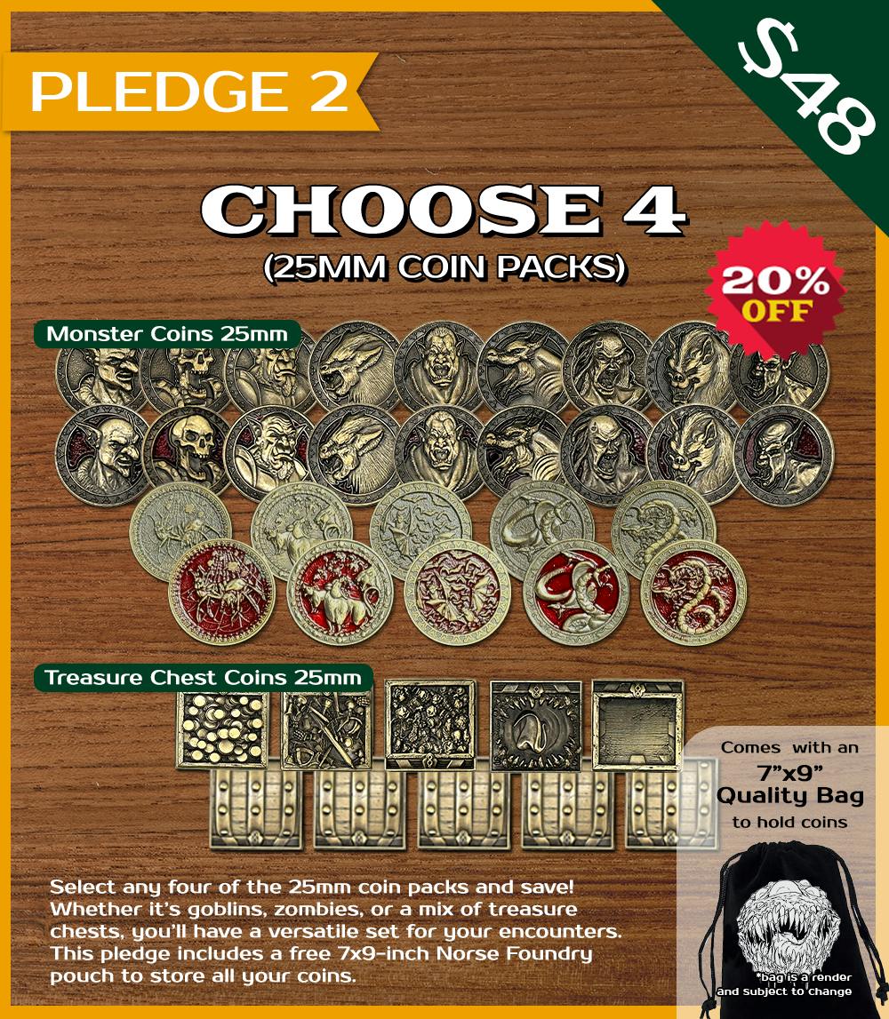 4 Packs of 25mm Monster or Treasure Chest Coins (40 Coins Total) (20% Discount)