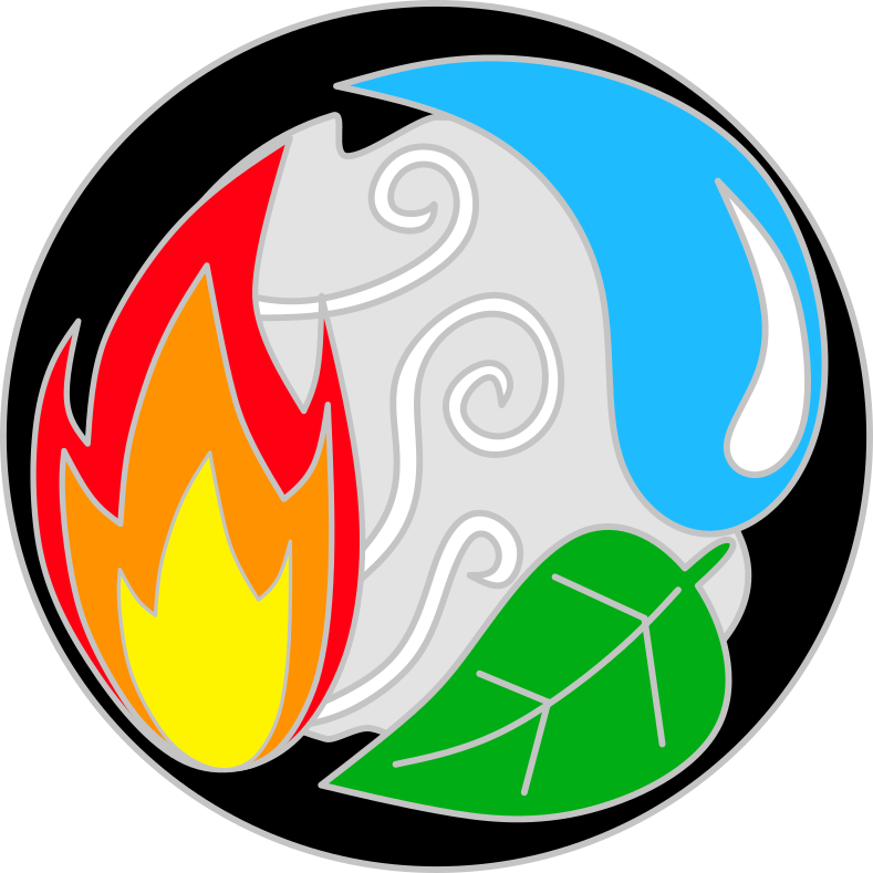  a black circle with white swirls on grey for wind in the middle and fire, water and a leaf representing earth swirled around it