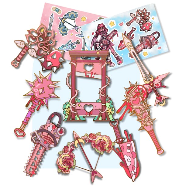 Enchanted Weaponry BUNDLE - Seven regular Pins, Guillotine enamel pin, two sticker sheets
