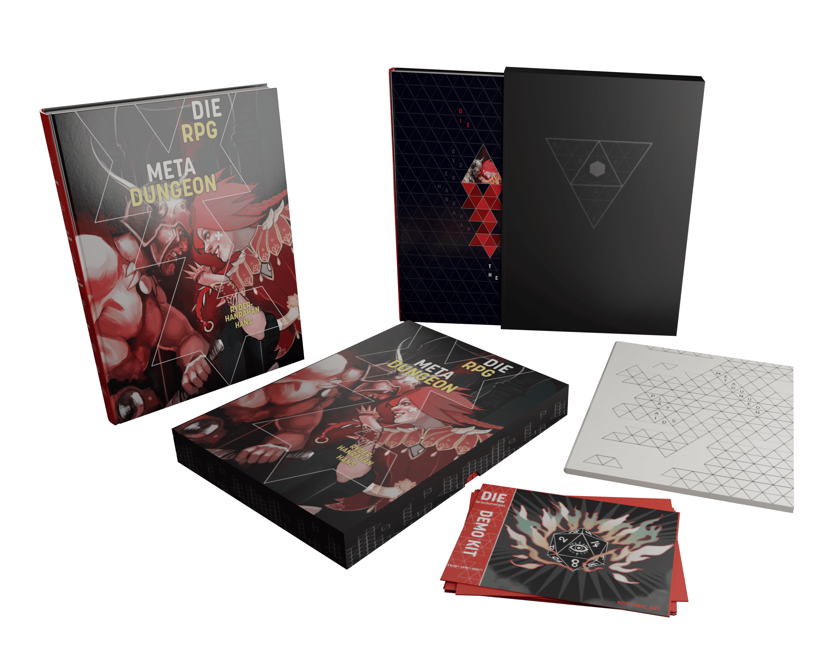  Image showing the standard edition hardback (depicting a barbarian and an roguish fighter in combat in the Metadungeon), the special edition (an elegant black book, partially inside a matt black slipcase), the boxed set (using the same cover image as the standard edition), and a white envelope of player aids and handouts.