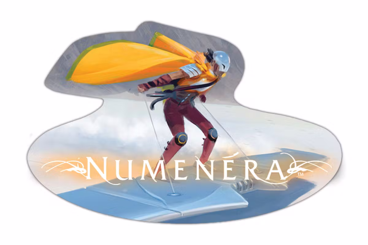 Sticker mockup with the Numenera logo over the image of a character riding a futuristic one-person flying wing.
