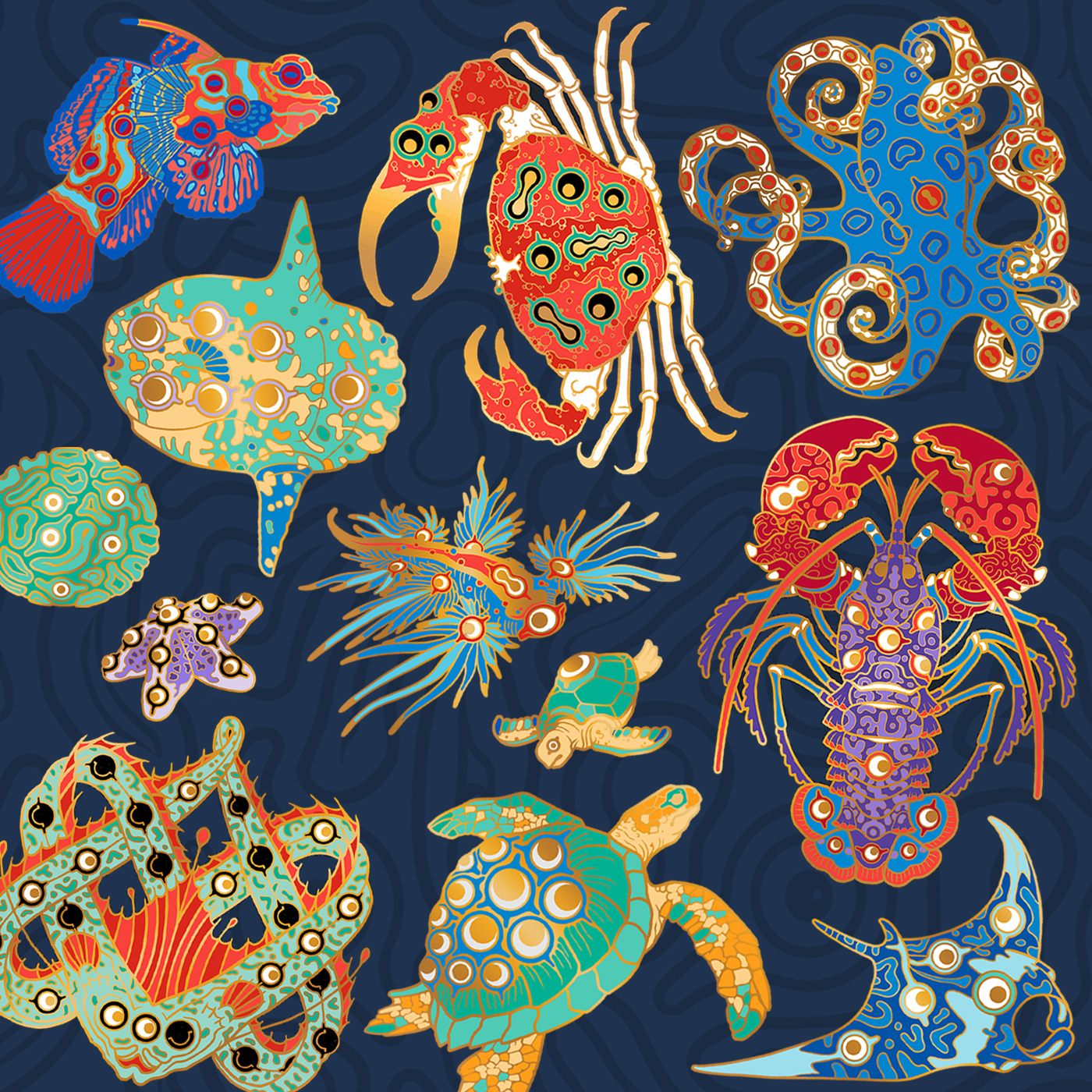 All 12 Warped Ocean Pins in Gold