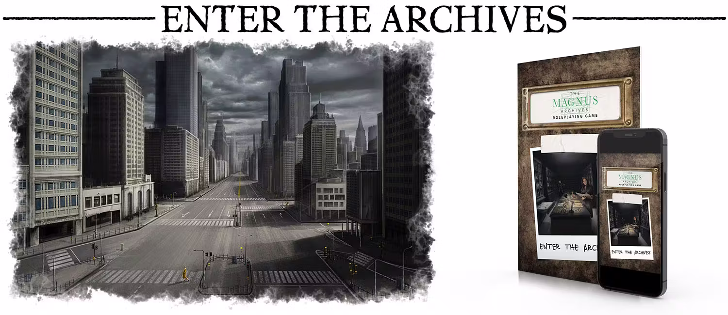Subheader: Enter the Archives. A mockup of the book Enter the Archives, next to art showing a person walking in an empty city.