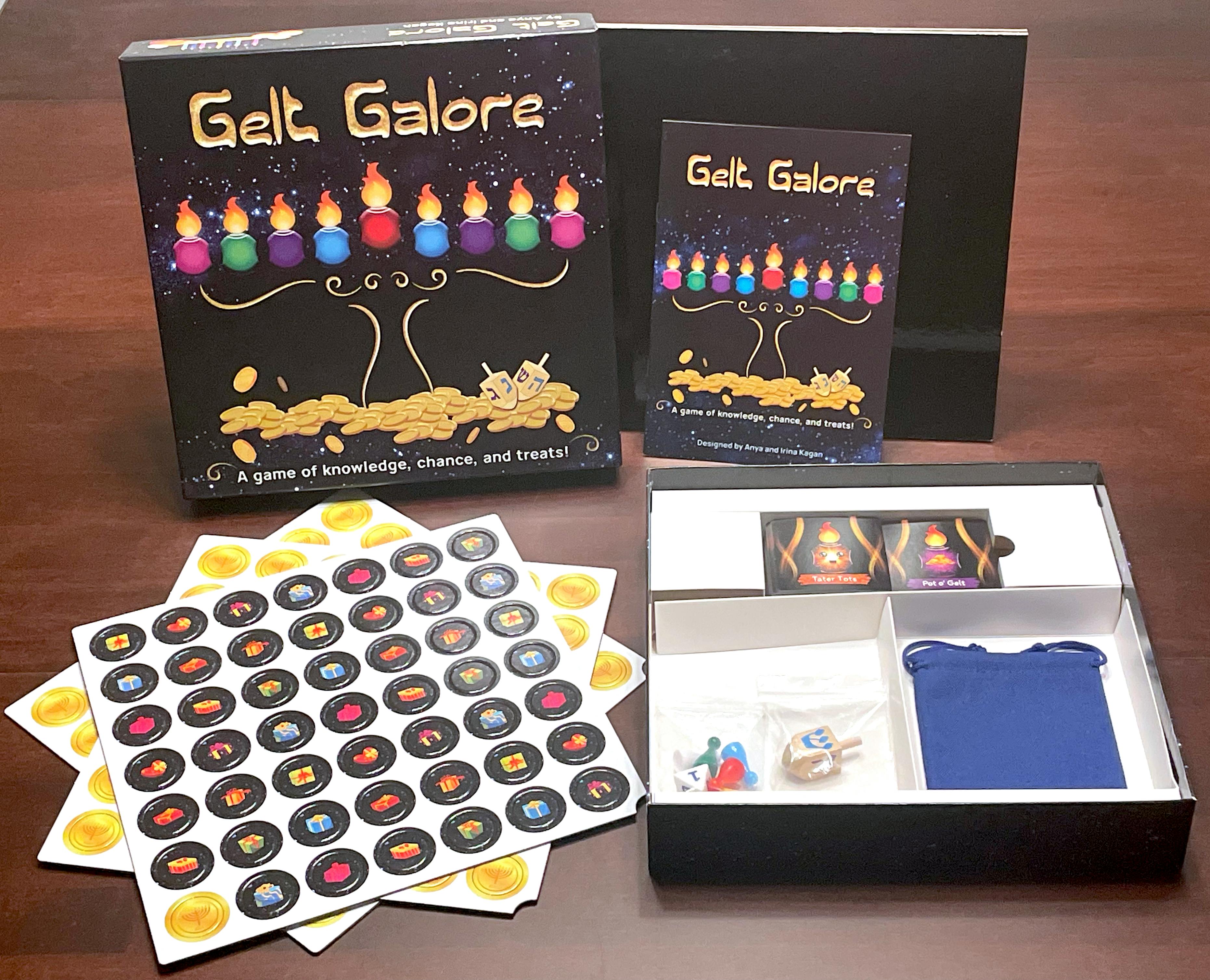 Gelt Galore box opened with components laid out