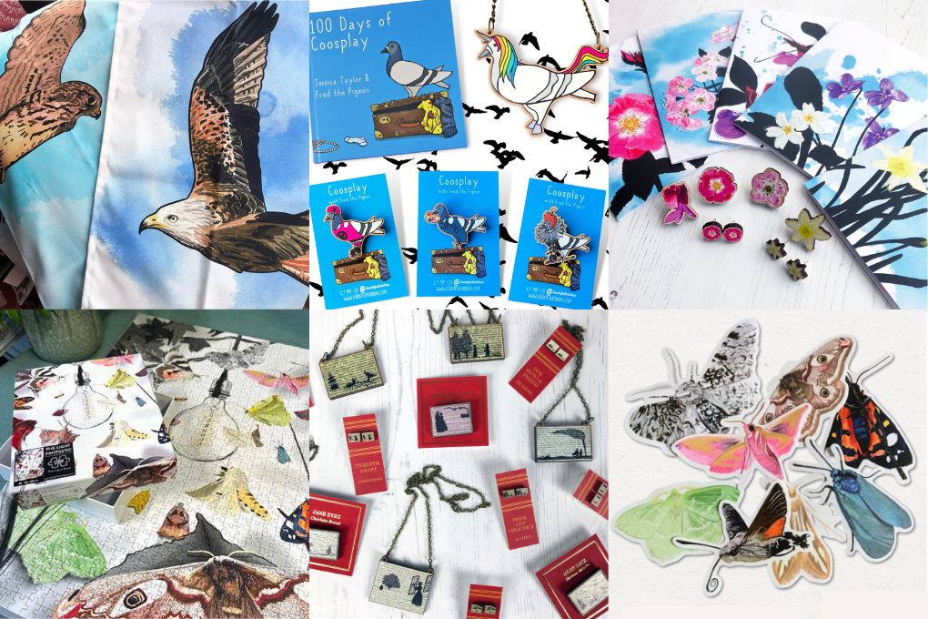 a grid of six images showing example of my, loadofolbobbins, work. Clockwise from top left they show kestrel and red kite tea towels, a series of pins a necklace and a book showing illustrations of a pigeon cosplaying as an artist, a unicorn, a roller derby player and Elizabeth 1st, a selection of birth flower themed greetings cards, mini pins and earrings, a selection of 3 inch moth stickers, a collection of laser cut wooden jewellery inspired by classic literature and a 1000 piece moth themed jigsaw