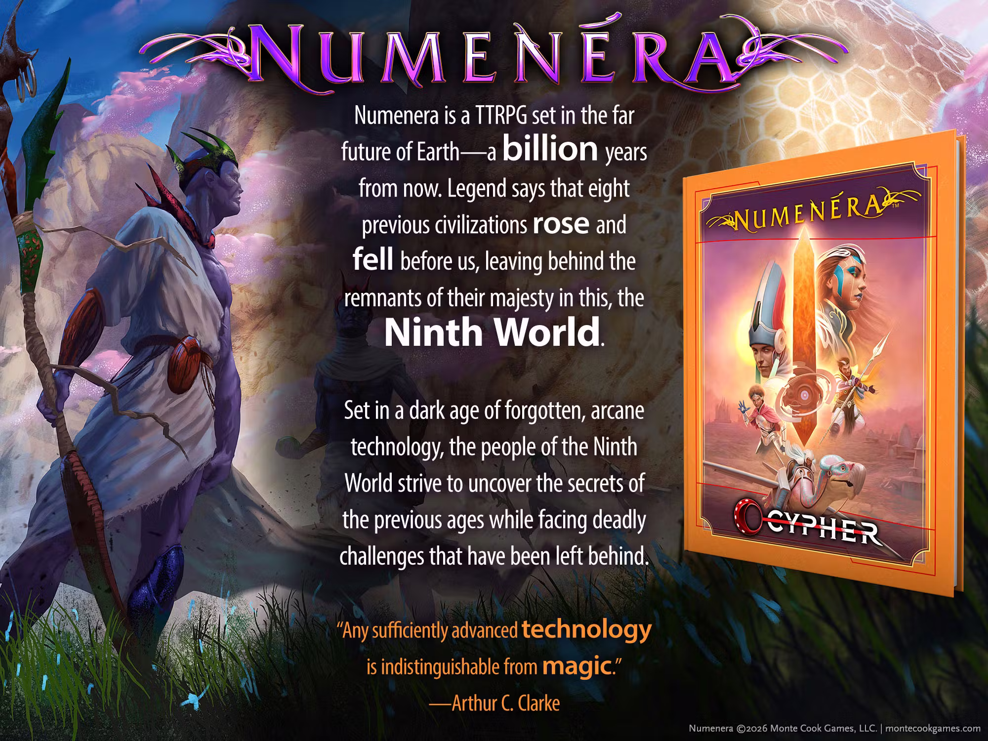 Graphic showing the Numenera logo, the Numenera book, and text describing the setting!