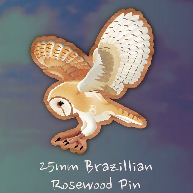 a mock up of a 25mm wooden pin made from an illustration of a flying barn owl by Poayo's Universe