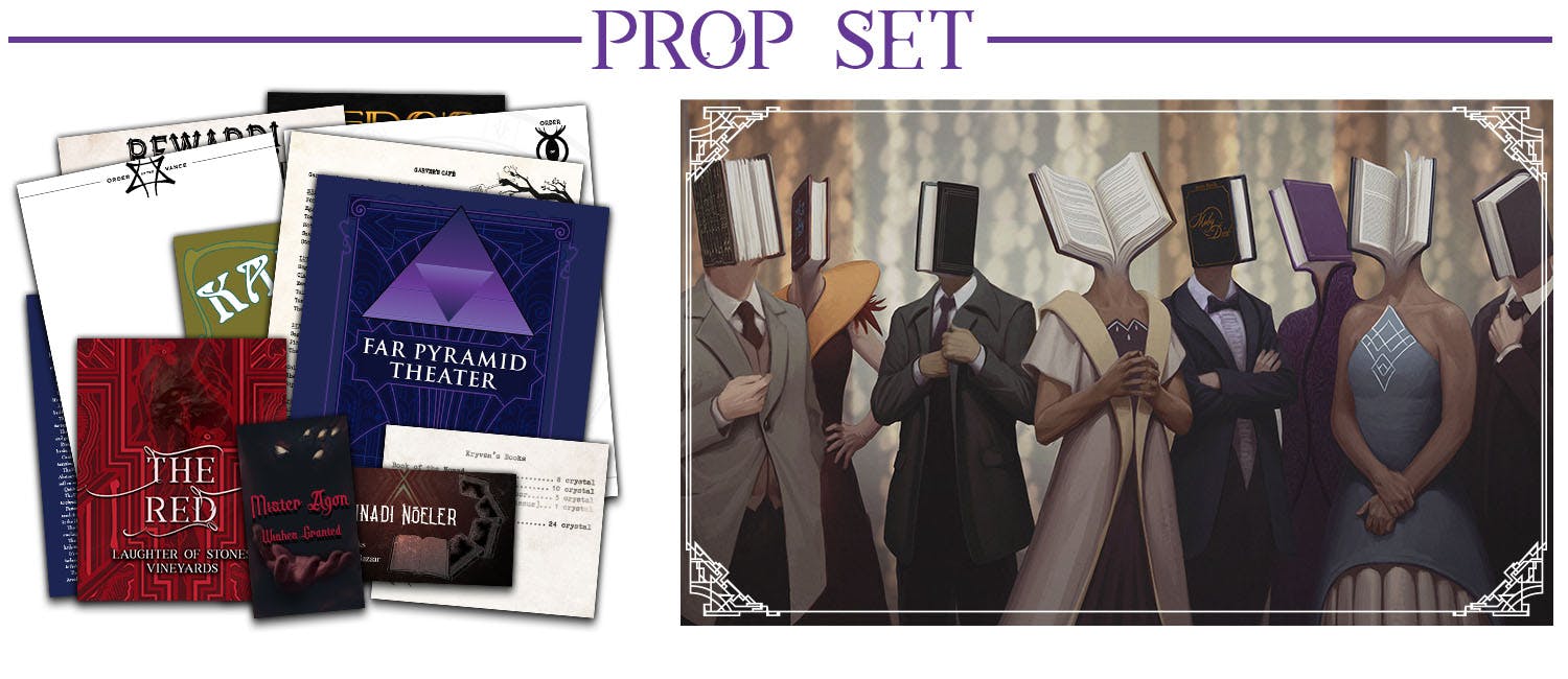 Header: Prop Set. Plus an image that shows examples of various props included in the original prop set. Also an image of several Vislae at a party, and all of them have books for heads.