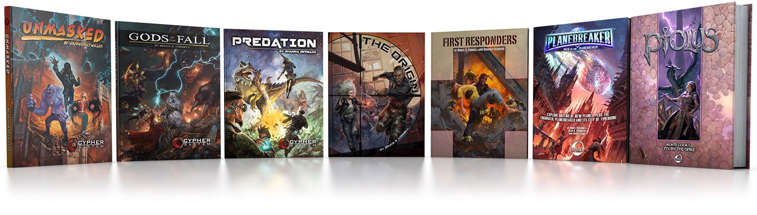 Image of 5 books: Unmasked, Gods of the Fall, Predation, The Origin, First Responders, Path of the Planebreaker, and Ptolus.