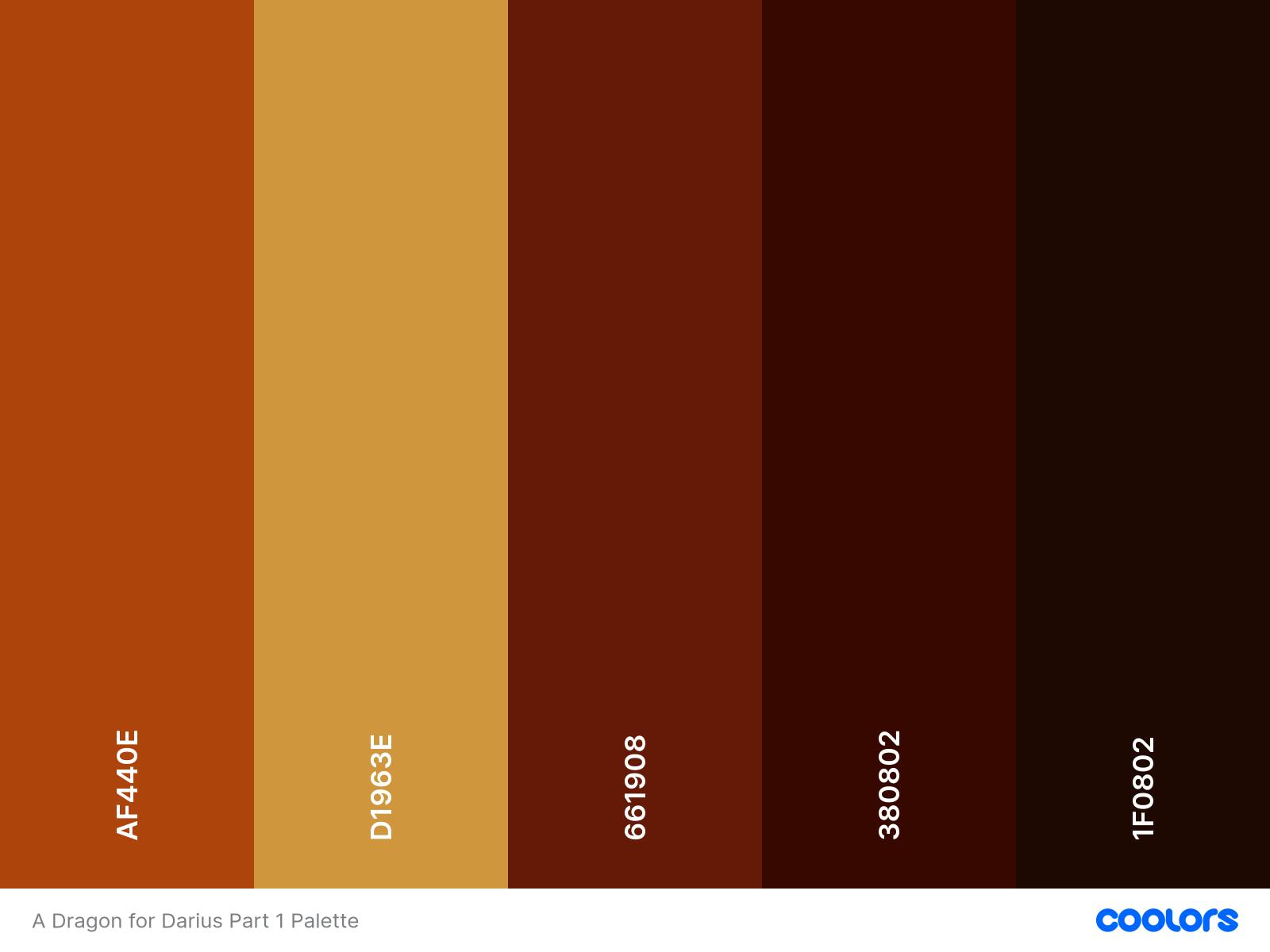 A dragon for Darius Part 1 Palette. The colors are in hexadecimal AF440E, D1963E, 661908, 380802, 1F0802. They are called, in order rusty spice, golden apricot, dark garnet, rich mahogany, and coffee bean.