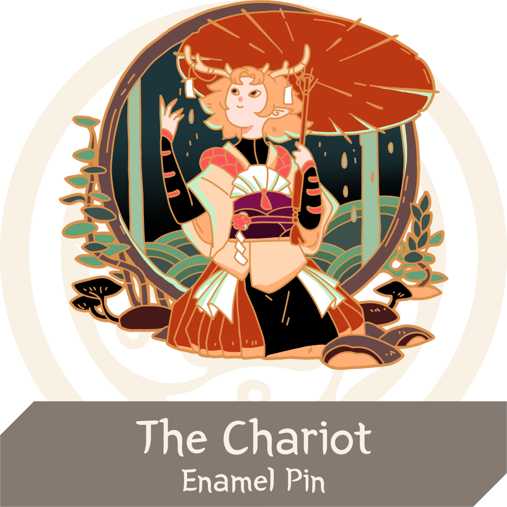 Preview of The Chariot pin, with a figure sitting in front of a circular vignette that shows a forest-like background. The figure is wearing an umbrella