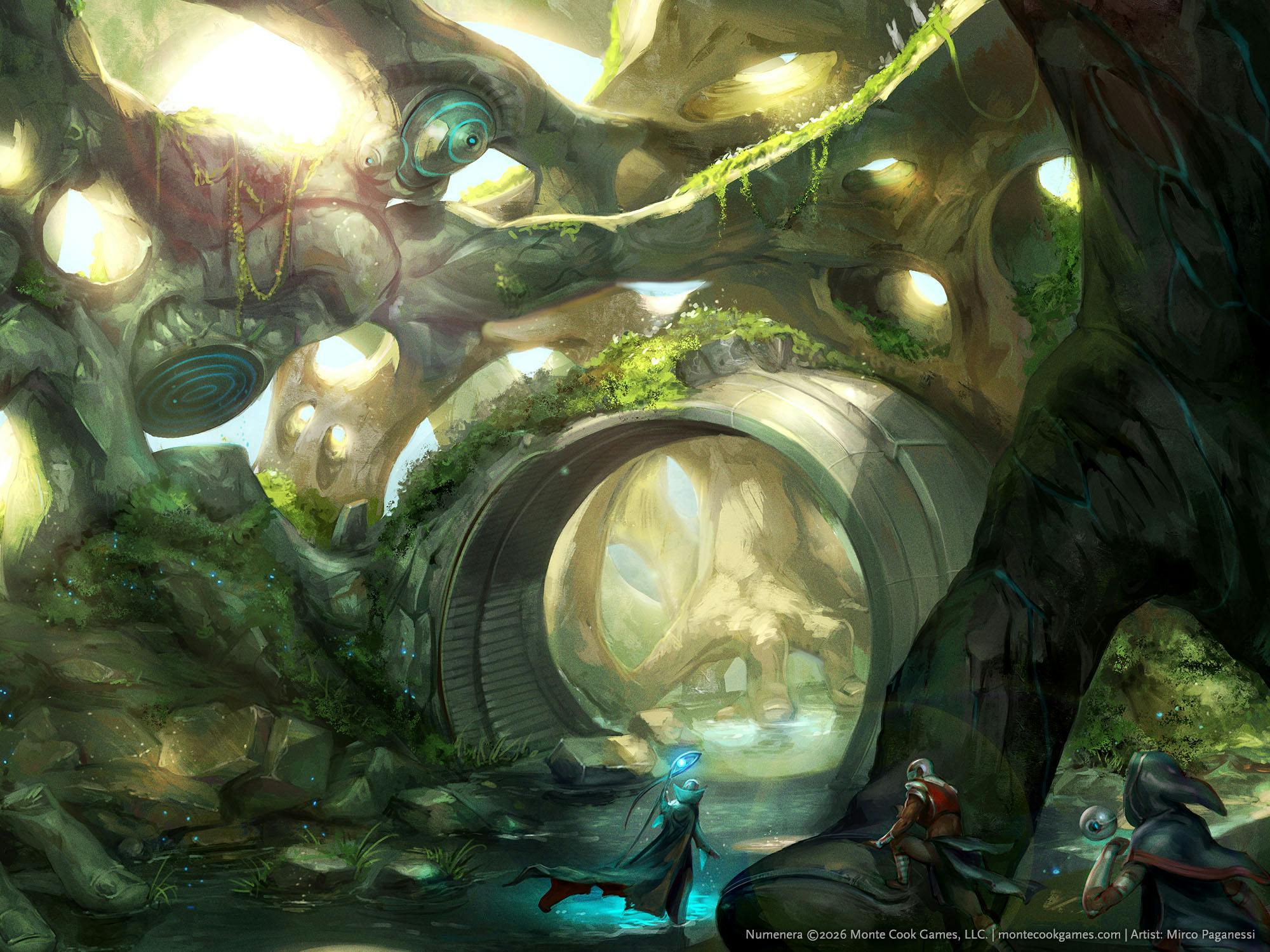 Image showing fantasy characters exploring a large cave-like space, which seems to be a mixture of natural and engineered stone formations.