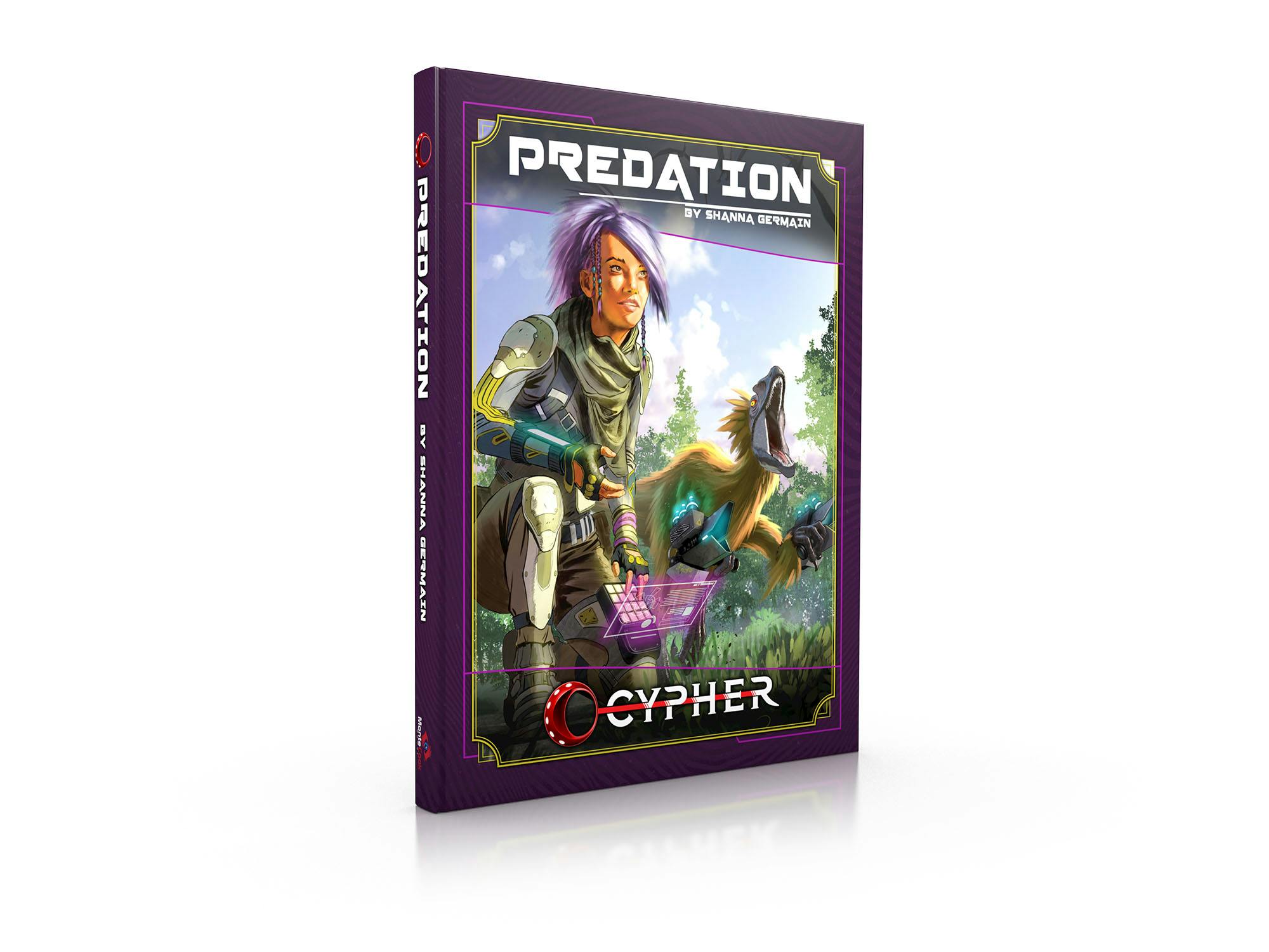 Mockup of the Predation setting hardcover book. The cover illustration features a woman with high-tech gear accompanied by a dinosaur raptor with cybernetics.