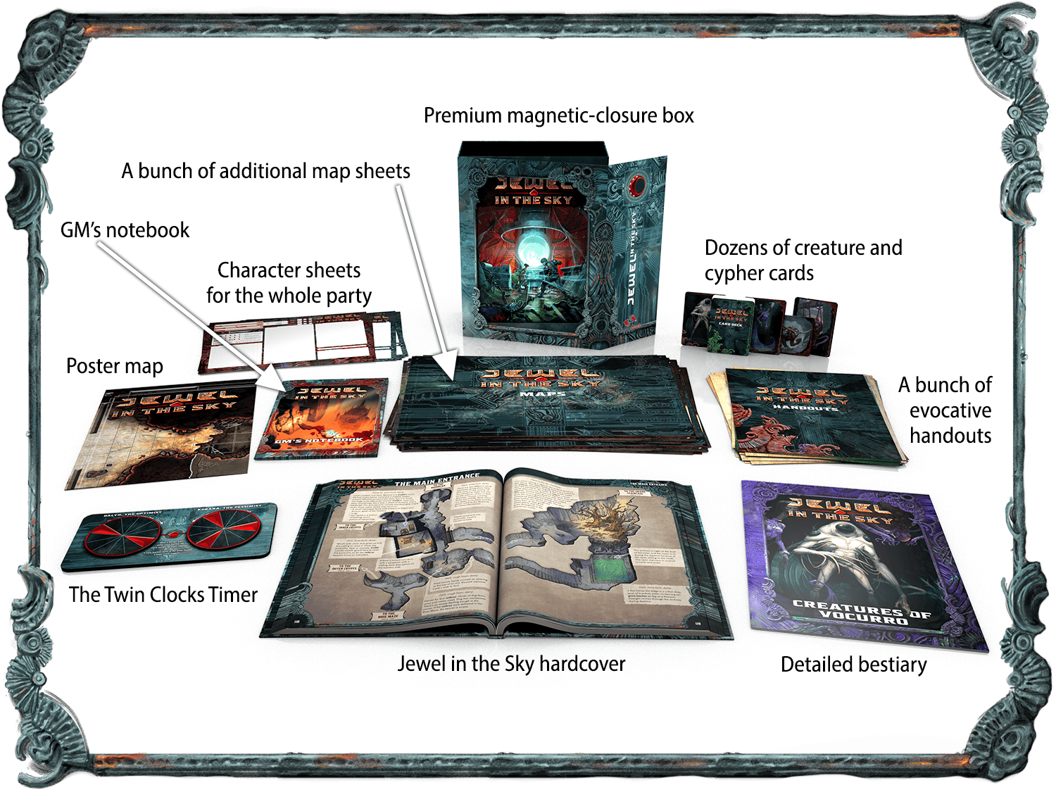 Mockup of the Jewel in the Sky boxed set showing the upgraded premium magnetic-closure box and the bestiary, along with the hardcover book, maps, cards, handouts, poster map, GM notebook, and other components.