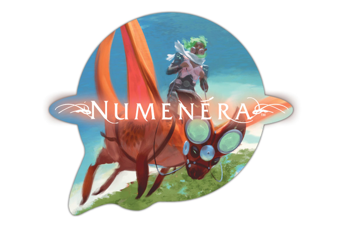 Sticker mockup with the Numenera logo over the image of a character riding a a flying beast with multiple large eyes.