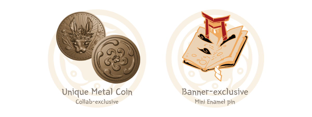 A preview of of the coin with Portent kamon on one side, and the banner-exclusive pin, containing a book with a torii coming out of it like a popup book.