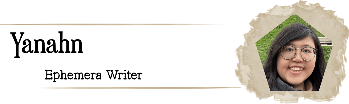 Stylised heading with a photo of an asian woman with a bright smile, round glasses and long straigh black hair. Text reads Yanahn, Ephemera Writer 