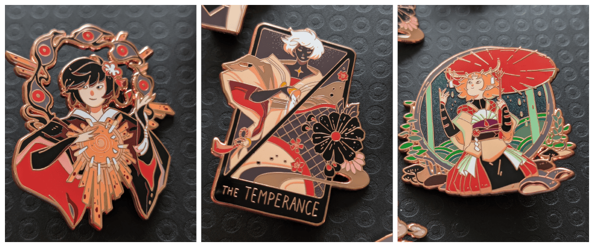 Photo collage of three enamel pins available for Portent: Ocular Halo, Temperance, and The Chariot